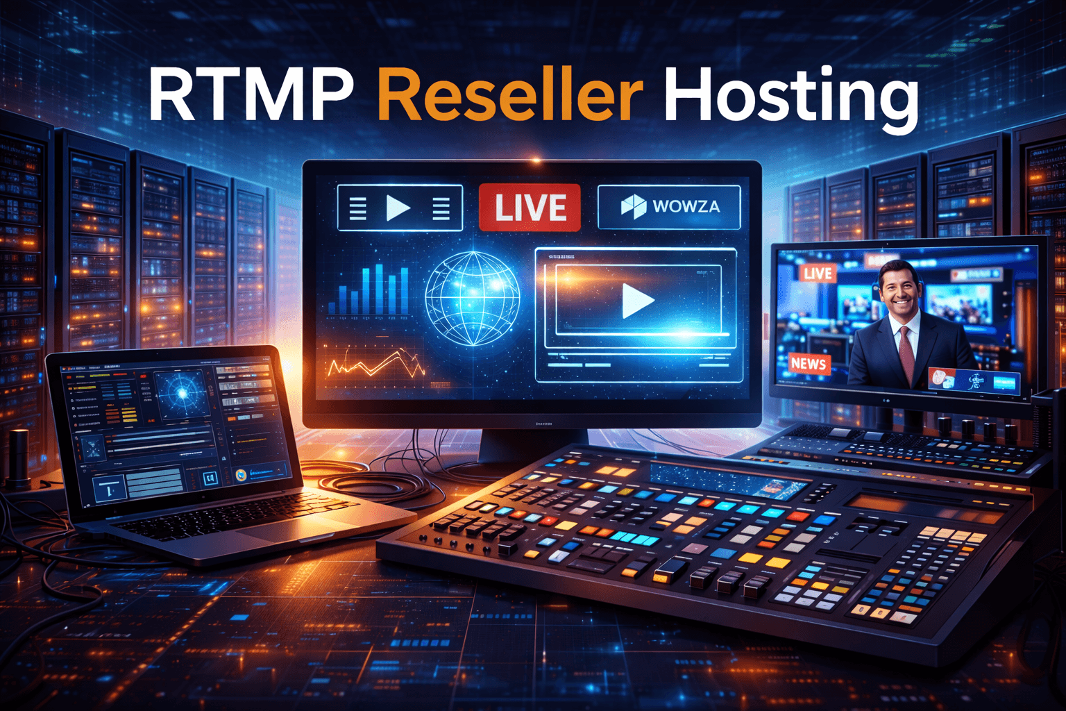 Broadcast studio environment with streaming dashboards and server infrastructure.